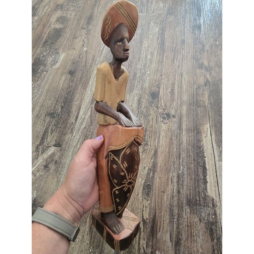 Vintage Haitian Hand Carved Wood Sculpture Man with Ewe Drum 15.5 inches